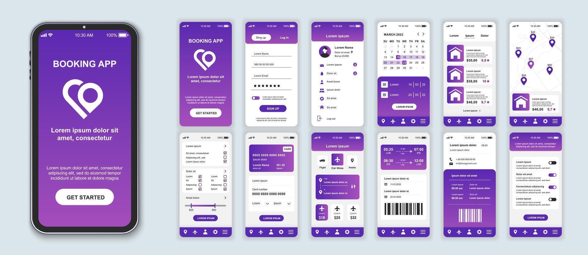 réservation mobile app interface écrans modèle ensemble. en ligne compte, connexion, Hôtel ou vol billet commande, emplacement à carte, paramètres. pack de interface utilisateur, ux, gui trousse pour application la toile mise en page. vecteur conception.