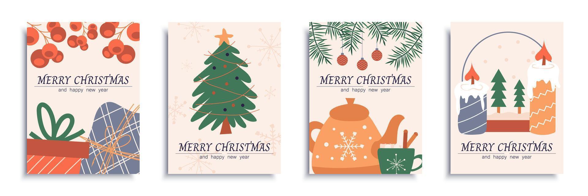 joyeux Noël 2024 couverture brochure ensemble dans plat conception. affiche modèles avec Noël cadeaux, houx baies, de fête arbre, sapin branches, bouilloire, bougies, autre fête décor. vecteur illustration.