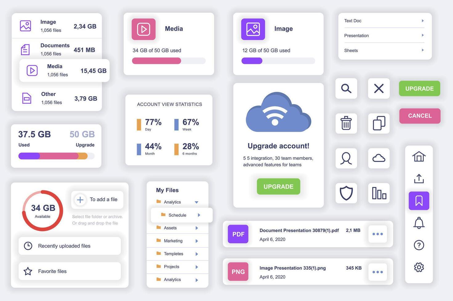 utilisateur interface éléments ensemble pour nuage La technologie mobile application. trousse modèle avec hud schémas, des dossiers gestion, espace de rangement système, contenu information. pack de interface utilisateur, ux, gui écrans. vecteur Composants.