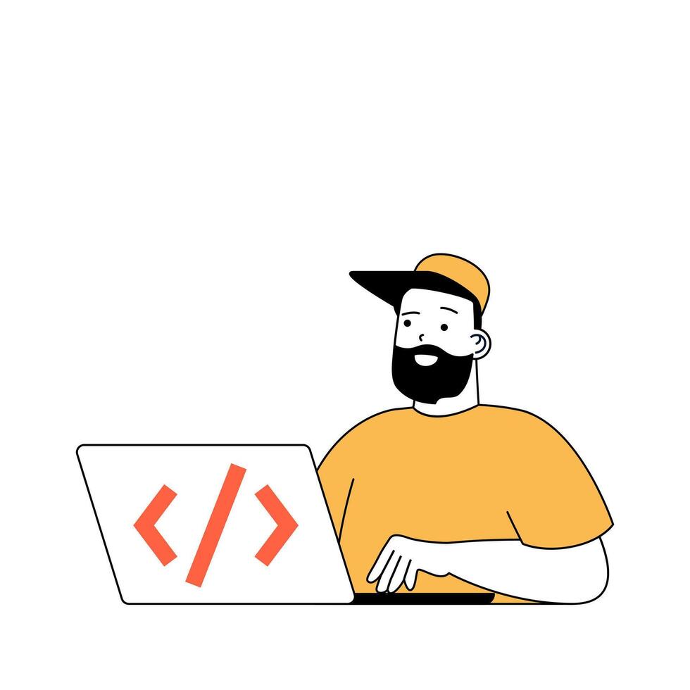 programmation concept avec dessin animé gens dans plat conception pour la toile. homme codage et ingénierie logiciel, création scripts et algorithmes. vecteur illustration pour social médias bannière, commercialisation matériel.
