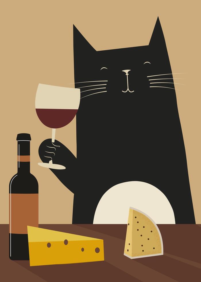 chat avec une verre de du vin illustration vecteur