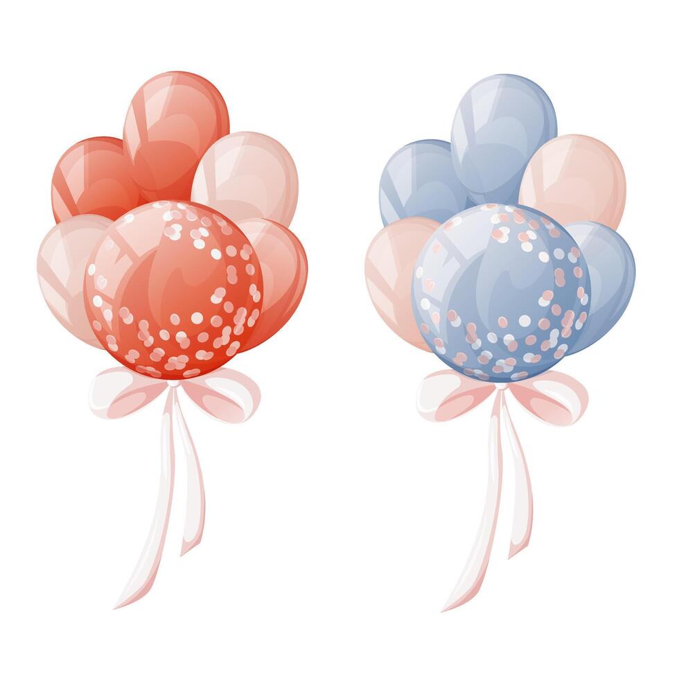 une ensemble de coloré des ballons avec confettis à l'intérieur. rouge et bleu des ballons avec arc, ruban. vecteur illustration dans dessin animé plat style sur isolé Contexte. pour vacances, anniversaire, cadeau, le sexe fête