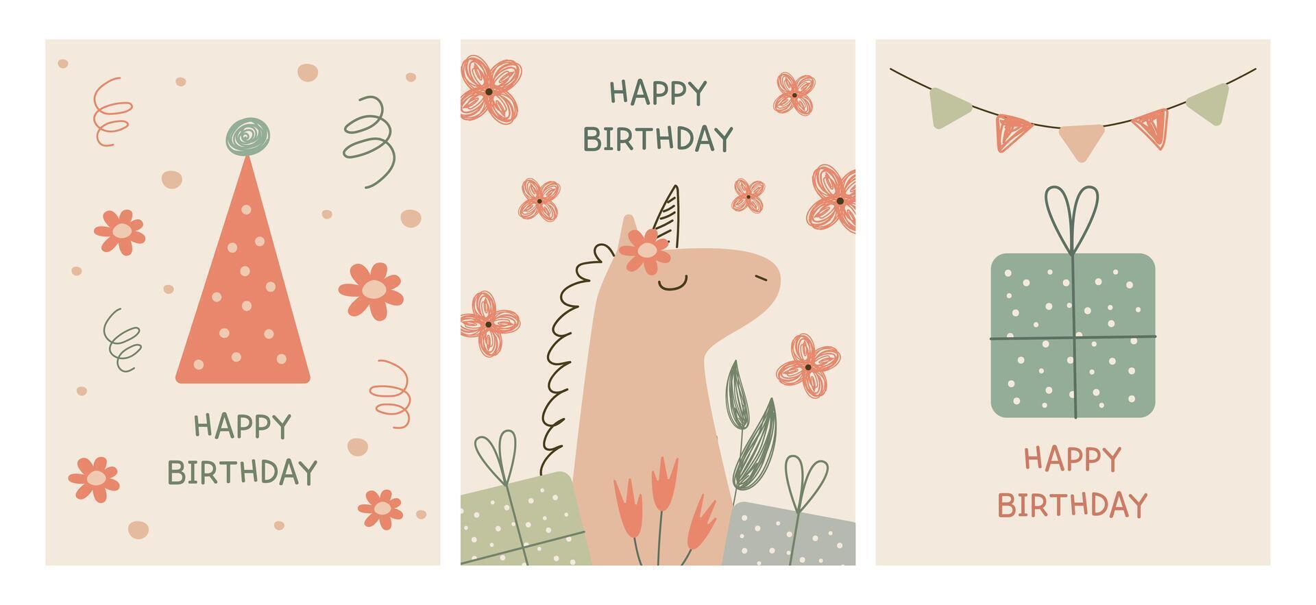 ensemble de mignonne anniversaire cartes. Licorne, végétaux, cadeaux, confettis. bébé salutation cartes vecteur