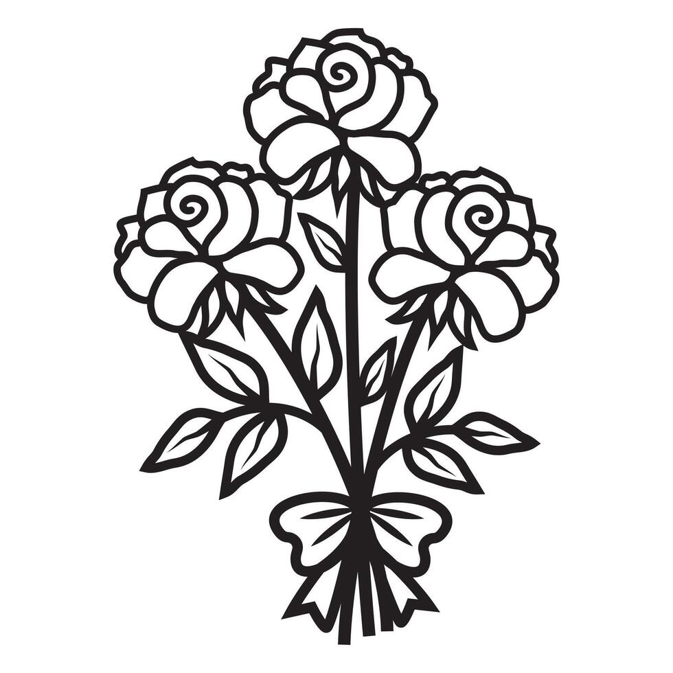 bouquet de Rose fleurs avec arc avec noir contour, isolé vecteur illustration dans griffonnage style