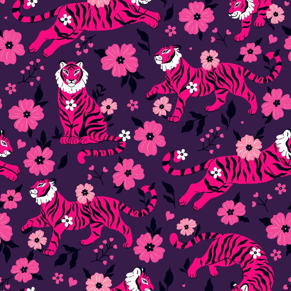 sans couture modèle avec fleurs et fuchsia couleurs de fantaisie gracieux tigres. vecteur graphique.