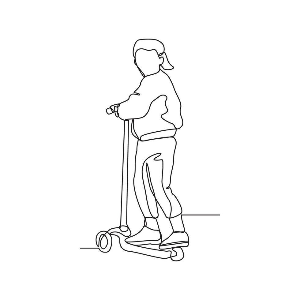 un continu ligne dessin de le les enfants en jouant scooter dans le parc vecteur illustration. illustration scooters sont alternative transport avec Facile linéaire style vecteur concept conception.