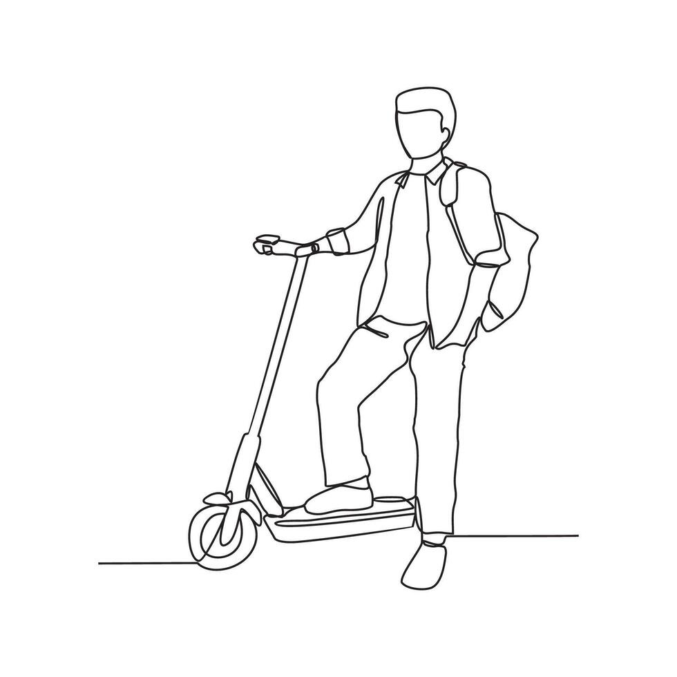 un continu ligne dessin de le gens en utilisant scooter pour Aller à Bureau vecteur illustration. illustration scooters sont alternative transport avec Facile linéaire style vecteur concept conception.