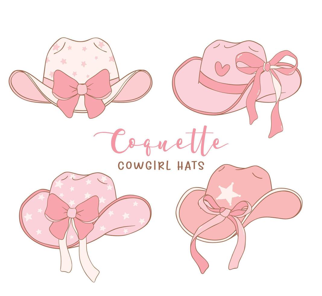 ensemble de coquette cow-girl Chapeaux avec rose ruban arc main tiré griffonnage illustration. vecteur