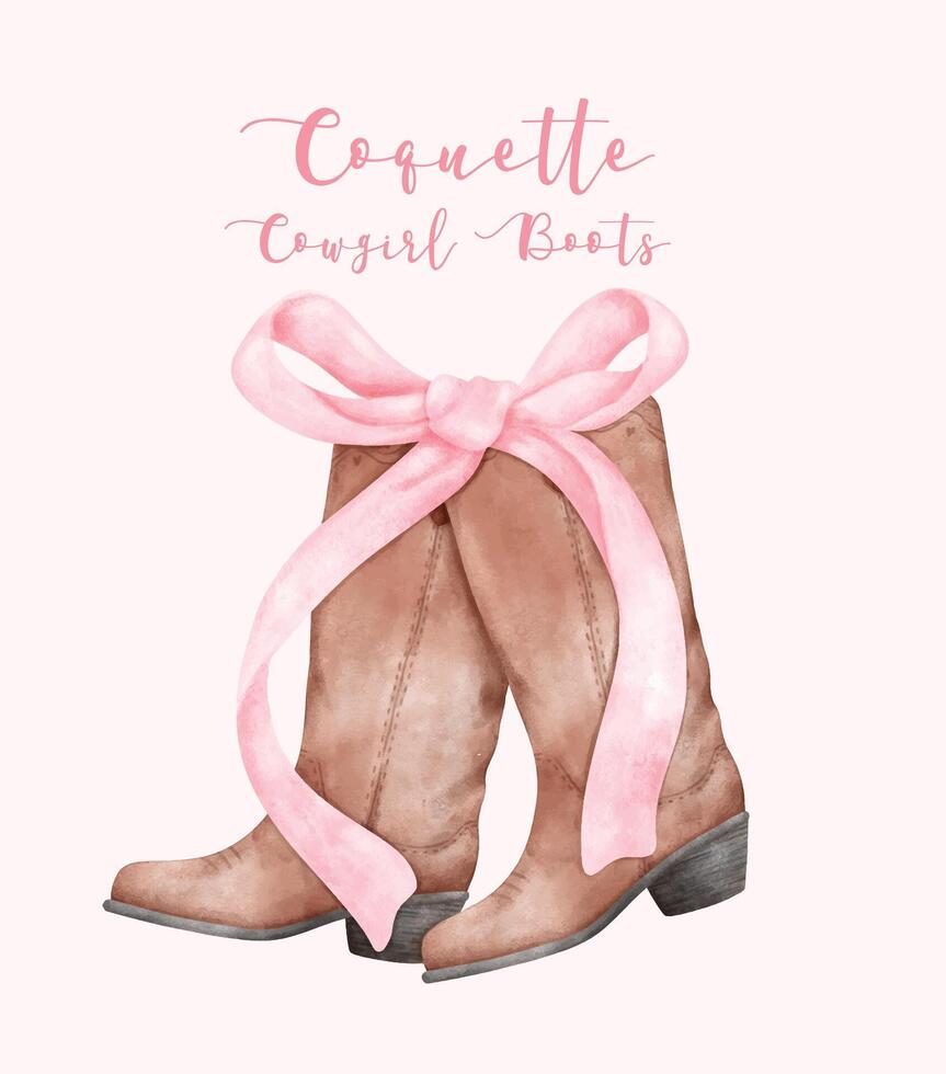 coquette cow-girl bottes avec rose ruban arc aquarelle. esthétique main peint illustration vecteur