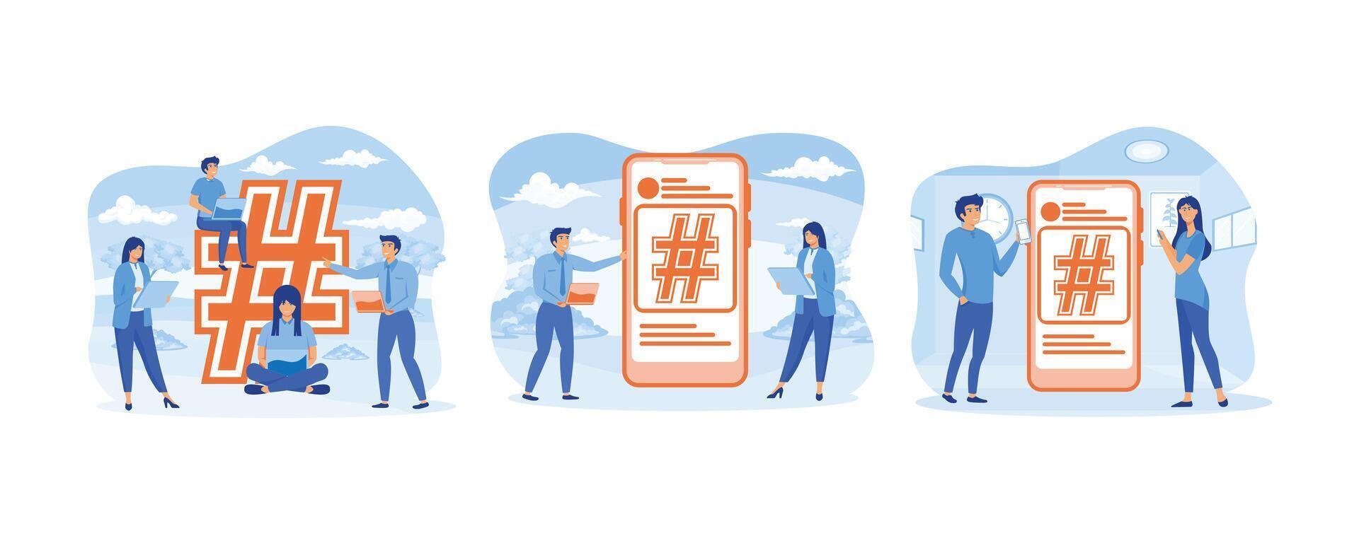 hashtag concept. Envoi en cours des postes et partage leur sur social médias. Jeune gens en utilisant social médias, sites Internet et intelligent téléphone applications. ensemble plat vecteur moderne illustration