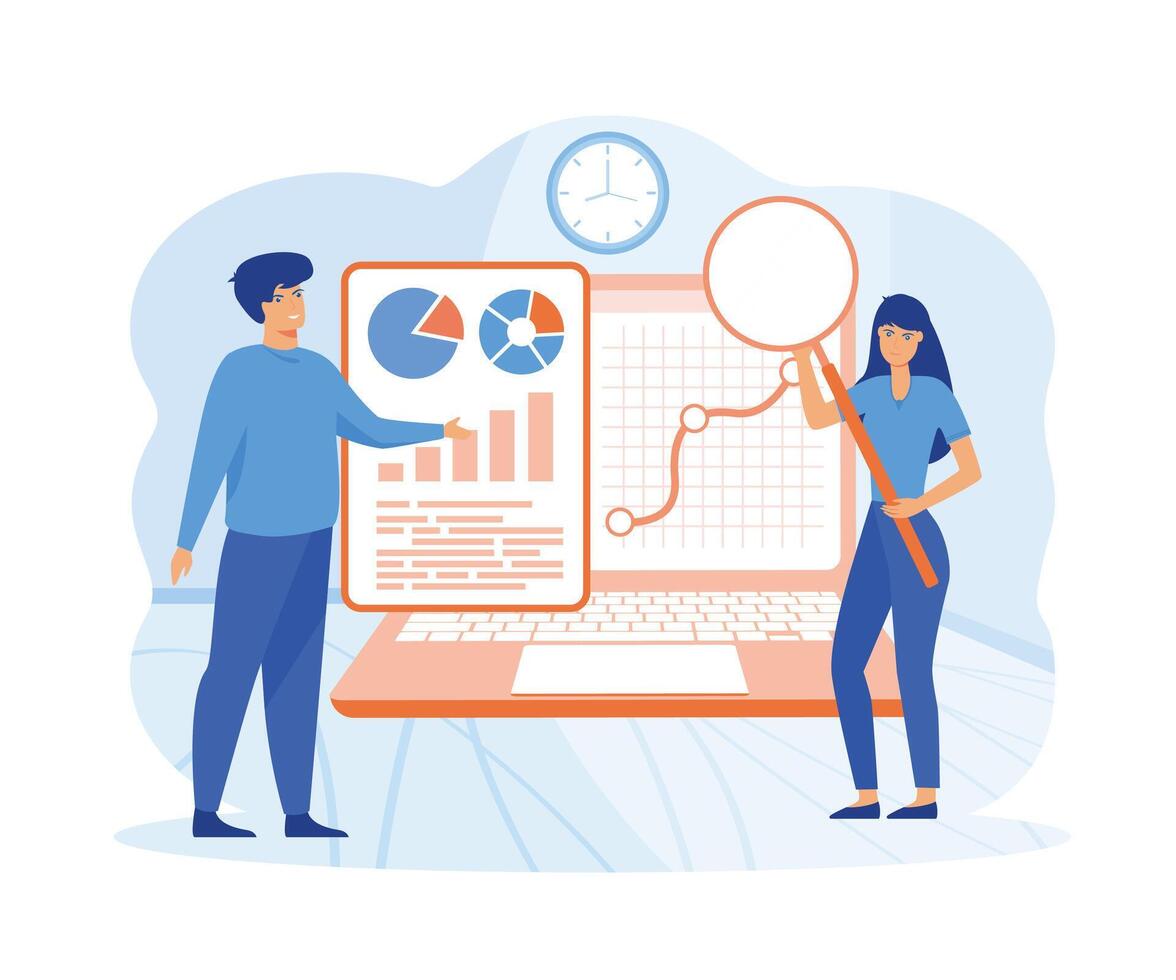 Audit concept. homme et femme en cours d'analyse affaires opération en utilisant grossissant verre. financier inspection. plat vecteur moderne illustration