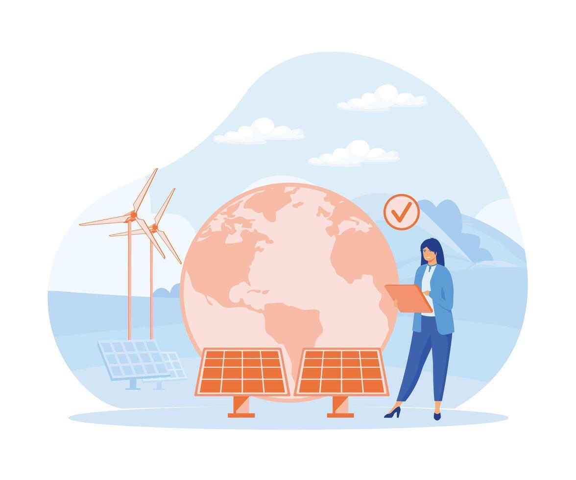énergie Efficacité concept. femme en utilisant vert électricité, Moulins à vent et solaire panneaux. plat vecteur moderne illustration