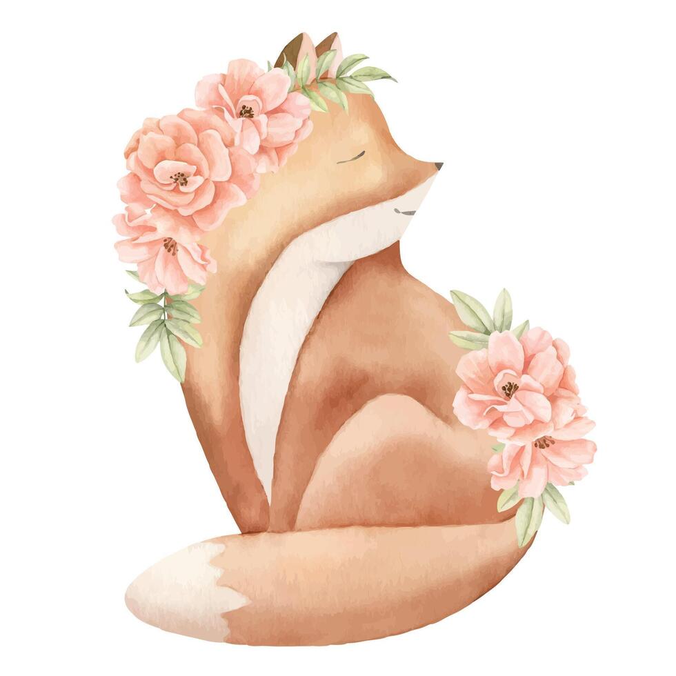 Renard avec Rose fleurs. aquarelle illustration de forêt animal pour bébé douche salutation cartes ou Nouveau née fête invitations. des bois mignonne personnage pour puéril conception dans pastel couleurs vecteur