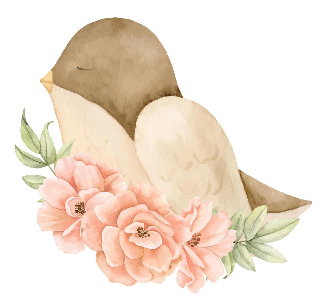 oiseau avec Rose fleurs. aquarelle illustration de forêt animal avec les plantes dans pastel couleurs. dessin de des bois personnage pour bébé douche salutation cartes ou puéril invitations. conception pour des gamins vecteur