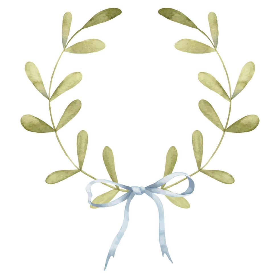 couronne avec vert les plantes et arc. main tiré aquarelle couronne pour salutation cartes ou mariage invitations. modèle pour cartes postales sur isolé Contexte. botanique Cadre avec feuilles et ruban vecteur