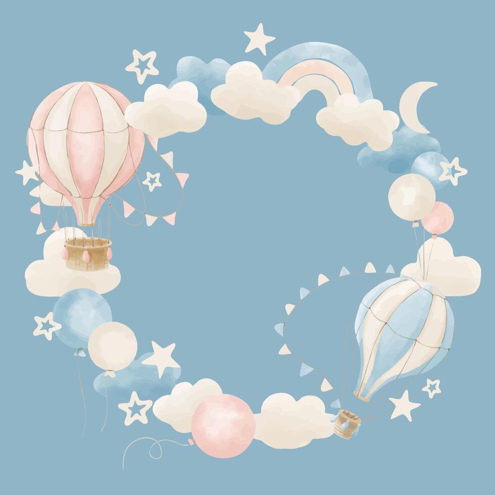 modèle pour couronne avec chaud air des ballons, des nuages et arc-en-ciel. aquarelle illustration avec pastel avions pour salutation cartes ou bébé douche invitations. modèle de rond Cadre sur bleu Contexte vecteur