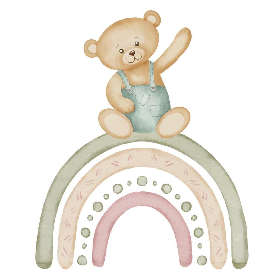 nounours ours avec boho arc en ciel aquarelle illustration. dessin avec mignonne duveteux personnage pour bébé douche salutation cartes ou nouveau née fête invitations. La peinture dans pastel couleurs pour garçon ou fille vecteur