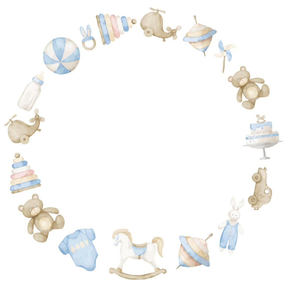 bébé jouets aquarelle rond Cadre. main tiré couronne sur isolé Contexte. modèle pour salutation cartes ou nouveau née douche invitations dans pastel bleu et beige couleurs. puéril frontière pour fête vecteur