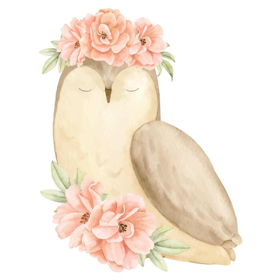 hibou avec Rose fleurs. aquarelle illustration de forêt oiseau avec les plantes dans pastel couleurs. dessin de des bois animal pour bébé douche salutation cartes ou puéril invitations. mignonne conception pour des gamins vecteur