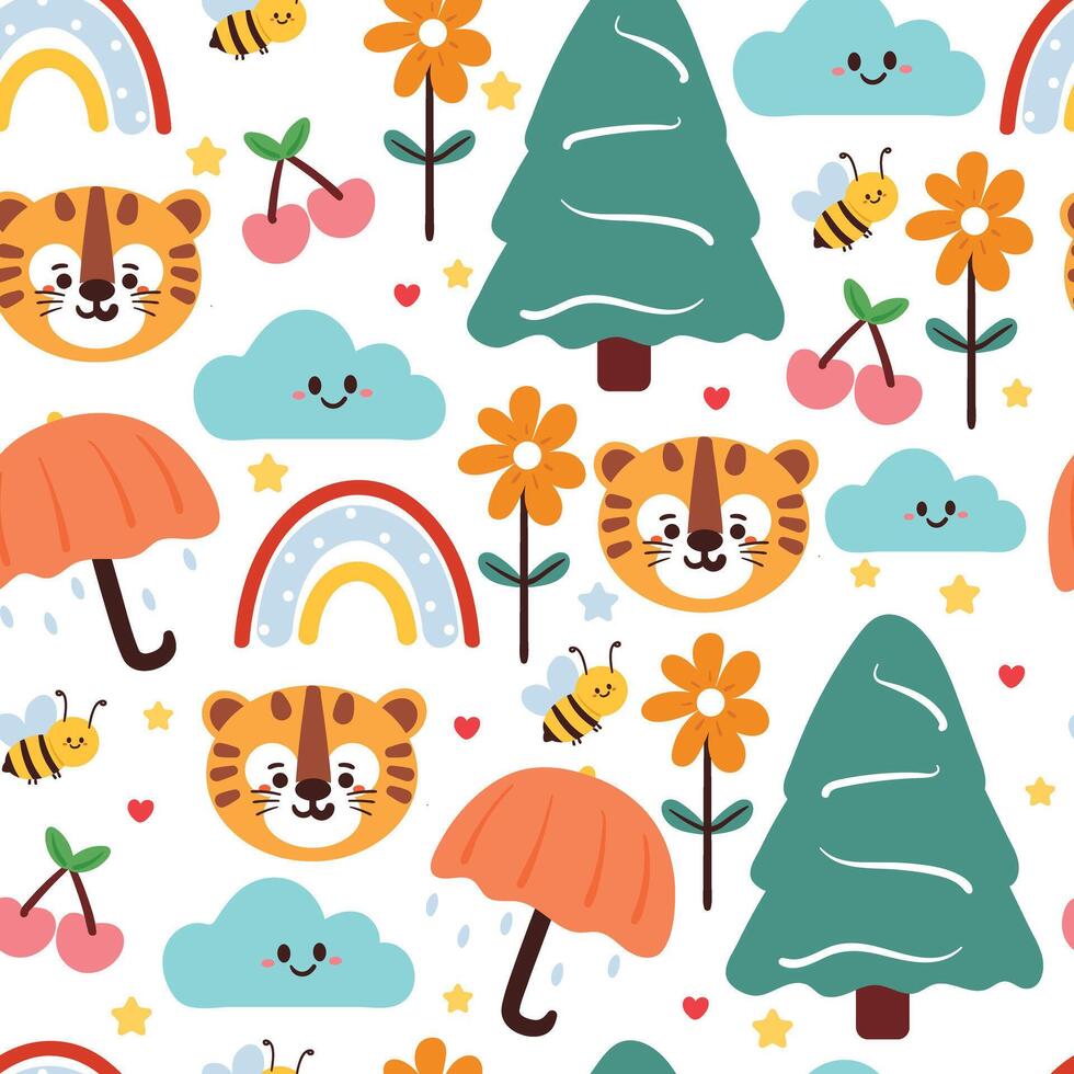 sans couture modèle dessin animé tigre avec plante et ciel élément. mignonne animal fond d'écran pour textile, cadeau emballage papier vecteur