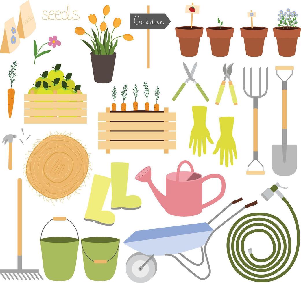 vecteur agrafe art avec jardinage équipement et outils l'eau tuyau, arrosage peut, pelle, fourche, râteau, plantation marmites, jardin gants