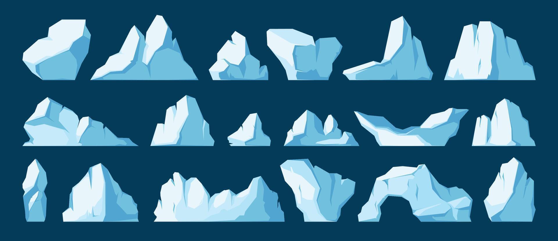 iceberg collection. dessin animé fusion iceberg flottant dans océan, congelé polaire glacier fragment, hiver la glace culminer. vecteur isolé ensemble