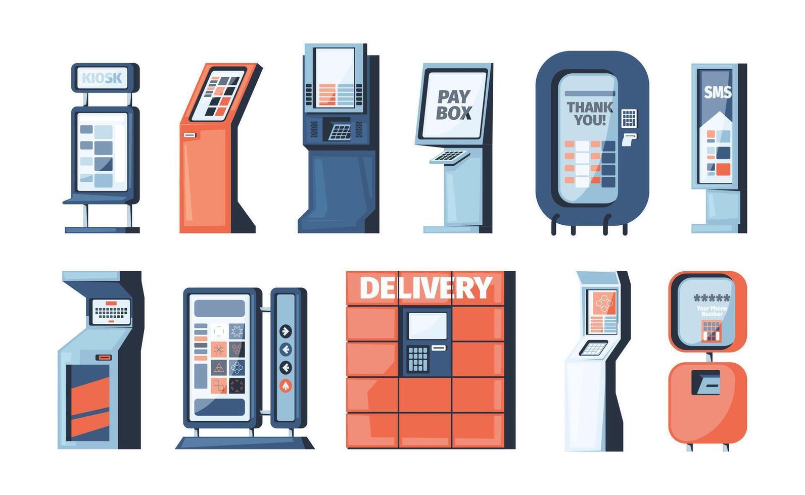 billet kiosque. crédit Paiement machine, au m rester, vente casse-croûte kiosque, argent Terminal et commercial machine Sur pied conception. vecteur dessin animé ensemble