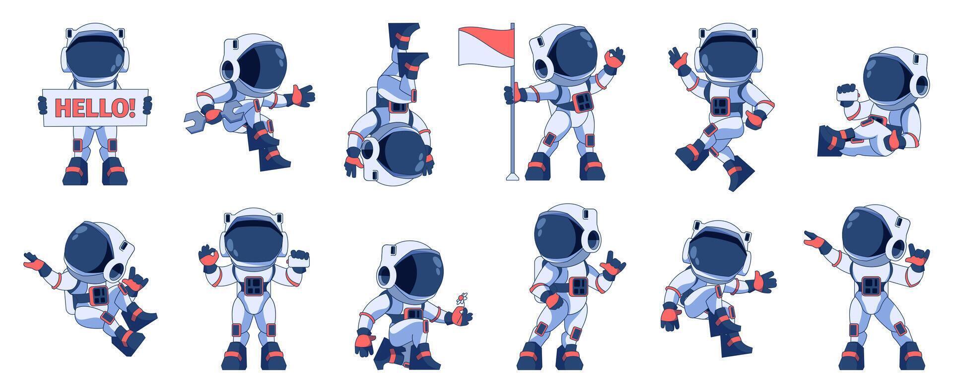 astronaute personnage ensemble. dessin animé espace explorateurs dans différent pose, cosmique astronautes dans costume et casques, astronaute personnages dans combinaisons spatiales. vecteur ensemble