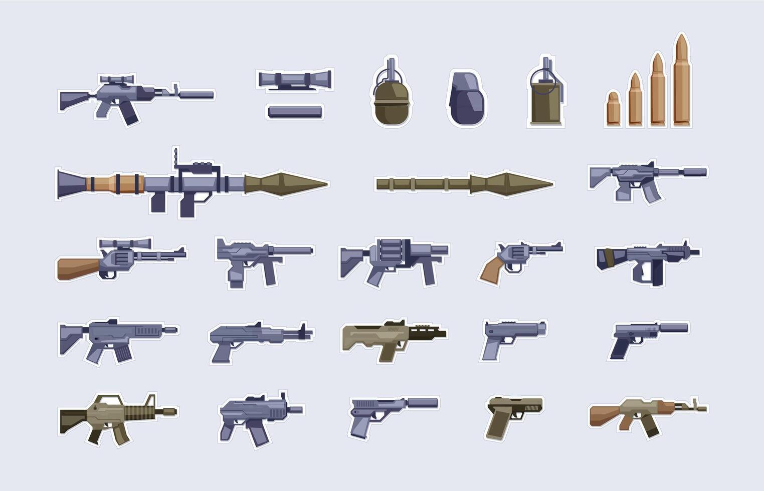 militaire armes à feu. ensemble de bataille arsenal automatique Provisions fusil à pompe pistolet grenade, armée arme et guerre munition pour Jeu tireur. vecteur collection