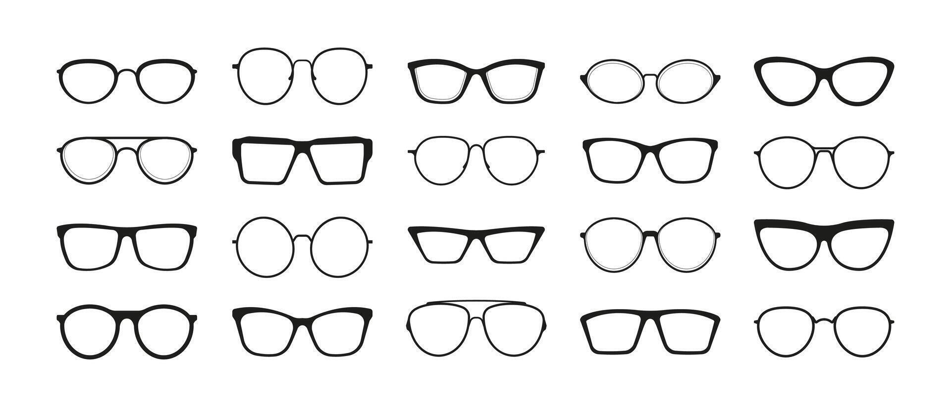 des lunettes de soleil jante. mode des lunettes Cadre différent formes, noir Facile monocle silhouettes collection, vue se soucier concept. vecteur isolé ensemble