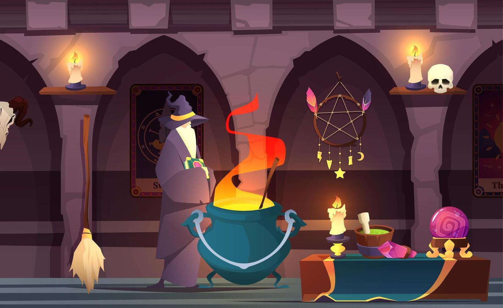 sorcier dans château. vieux mystère alchimiste dans magique laboratoire intérieur, dessin animé magicien personnage dans sorcière chapeau avec la sorcellerie outils vecteur
