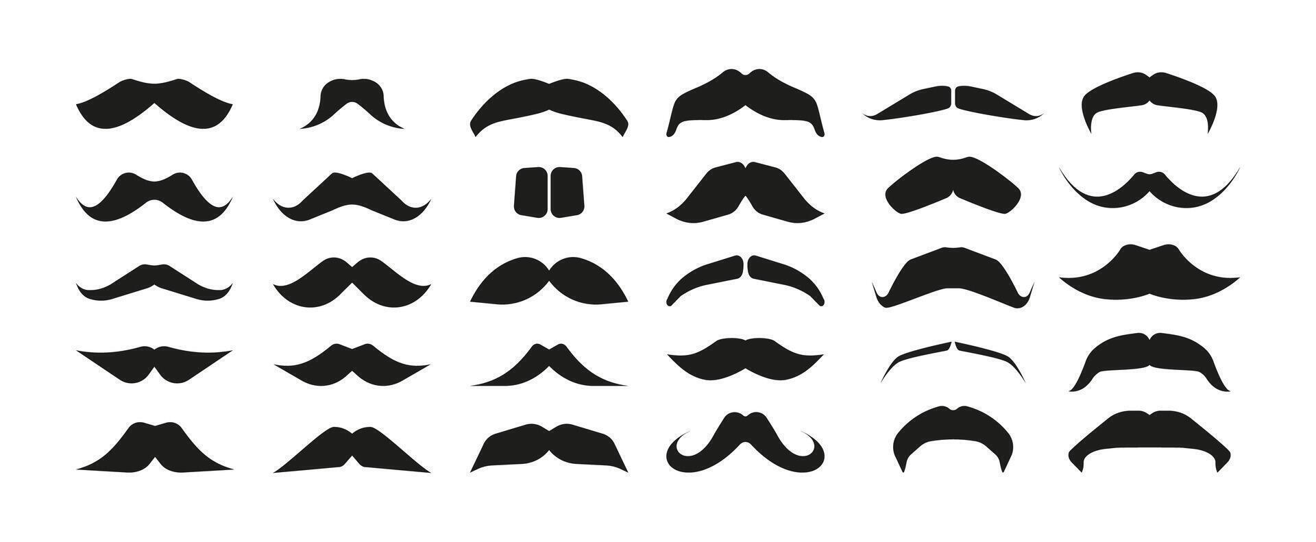 noir moustaches collection. griffonnage Masculin moustache Icônes, variations de Pour des hommes faciale cheveux modes différent formes, Facile coiffeur silhouettes. vecteur isolé ensemble