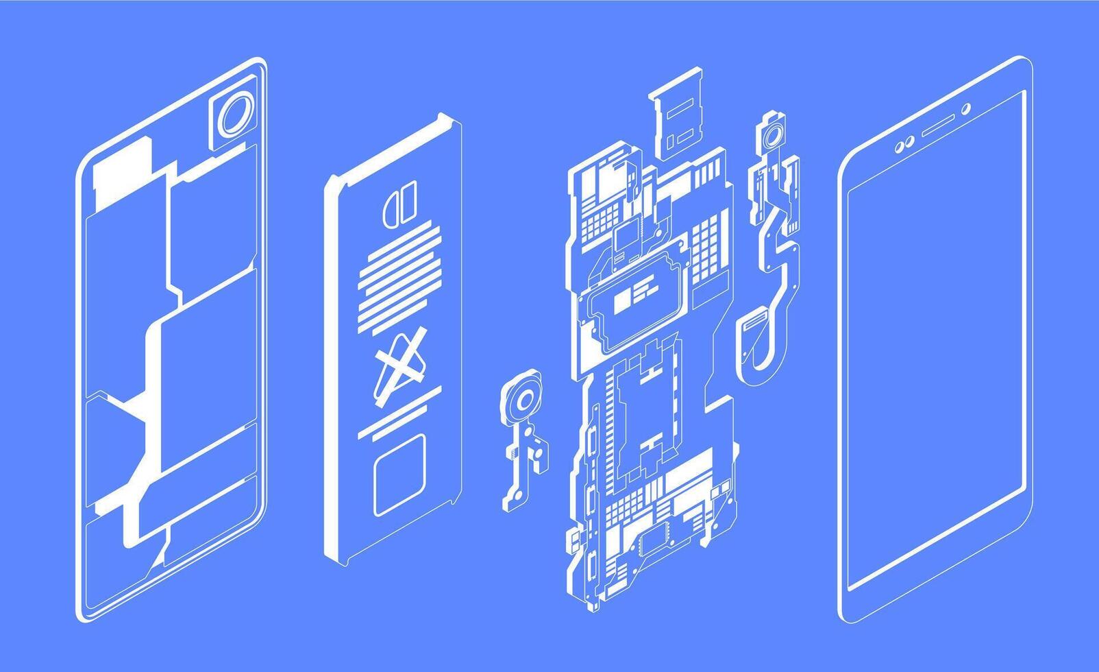 téléphone les pièces plan. filaire mobile dispositif avec démonté Cas et filtrer, sans fil gadget avec batterie et carte SIM. vecteur isolé ensemble