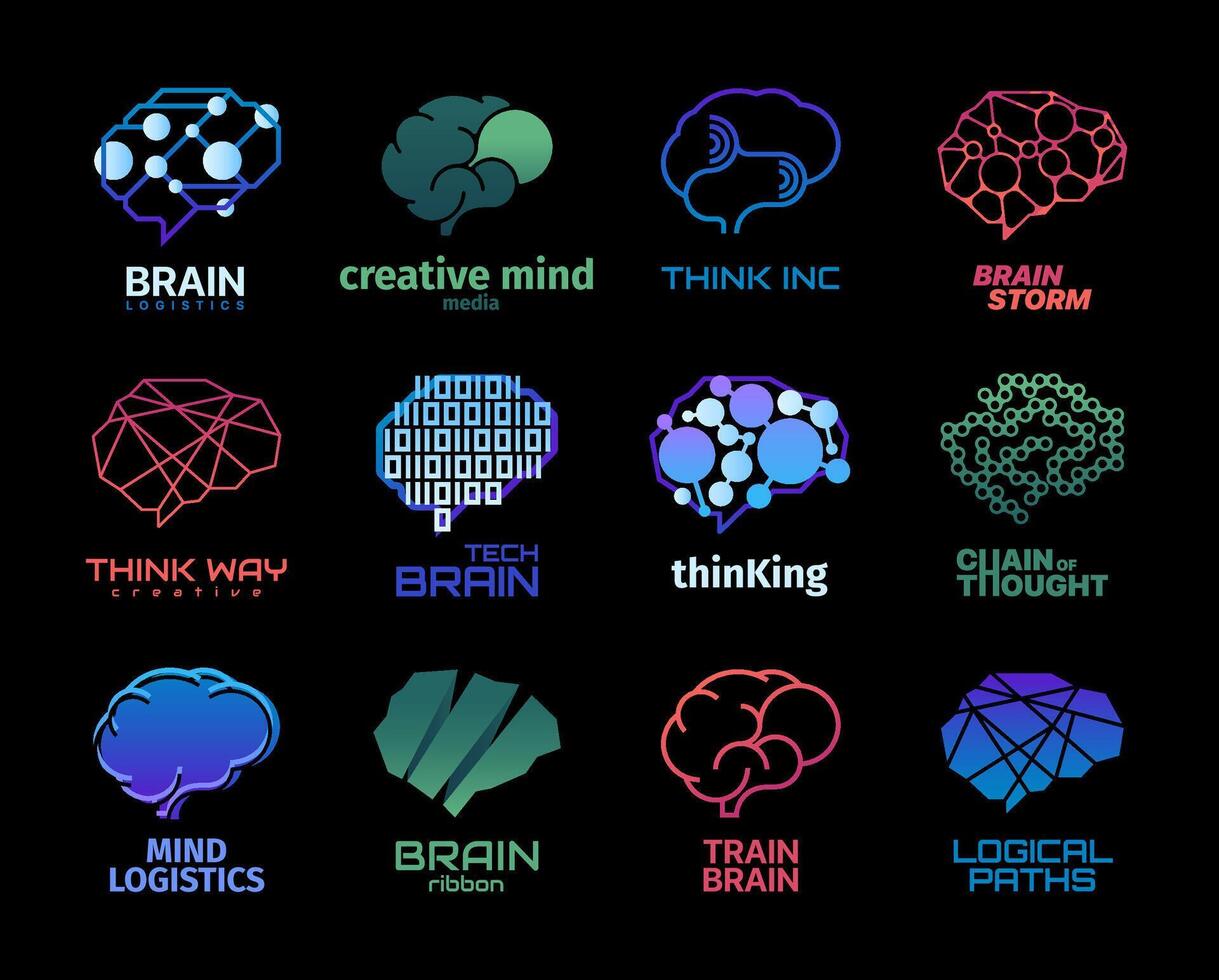 Créatif en pensant logo. abstrait Humain cerveau avec les neurones et mémoire. vecteur abstrait cerveau concentration et Mémoire concept autocollant ensemble