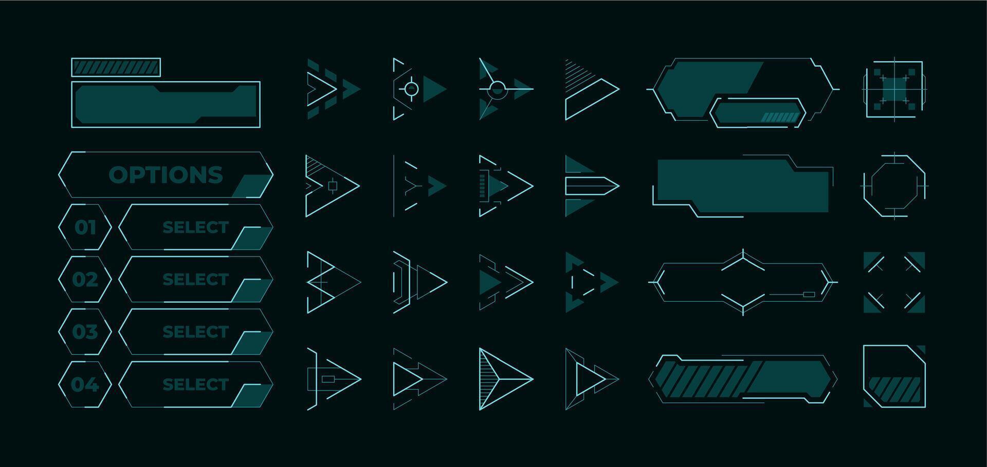 futuriste menu éléments. hud boutons cadres flèches et curseurs pour début écran Jeu ou application, néon ui actif. vecteur isolé ensemble