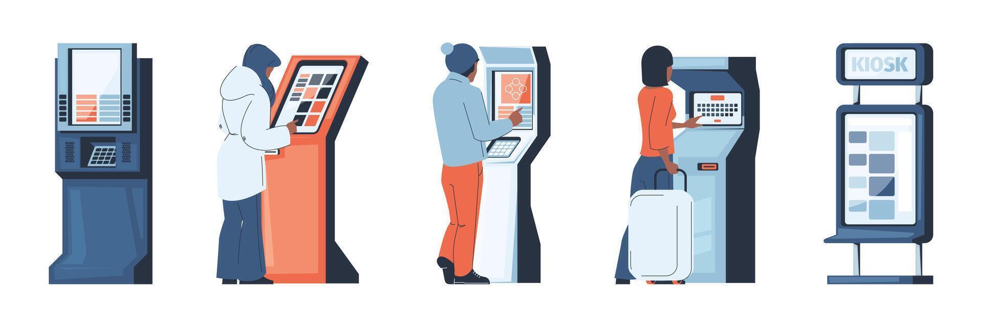 gens à numérique kiosque. homme et femme à billet kiosque et en ligne Terminal, check-out et commande en ligne Terminal, dessin animé personnages en utilisant sans argent kiosque. vecteur ensemble