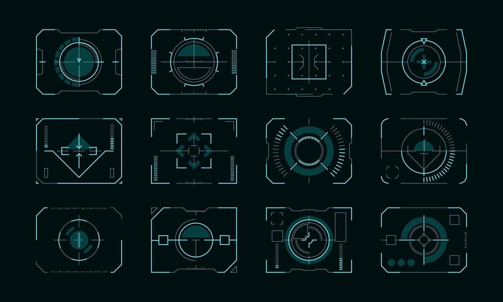 cible Cadre hud ui. futuriste objectif pointeurs avec contrôle panneau les frontières, science-fiction écran afficher avec visée réticule pour La technologie interface. vecteur ensemble