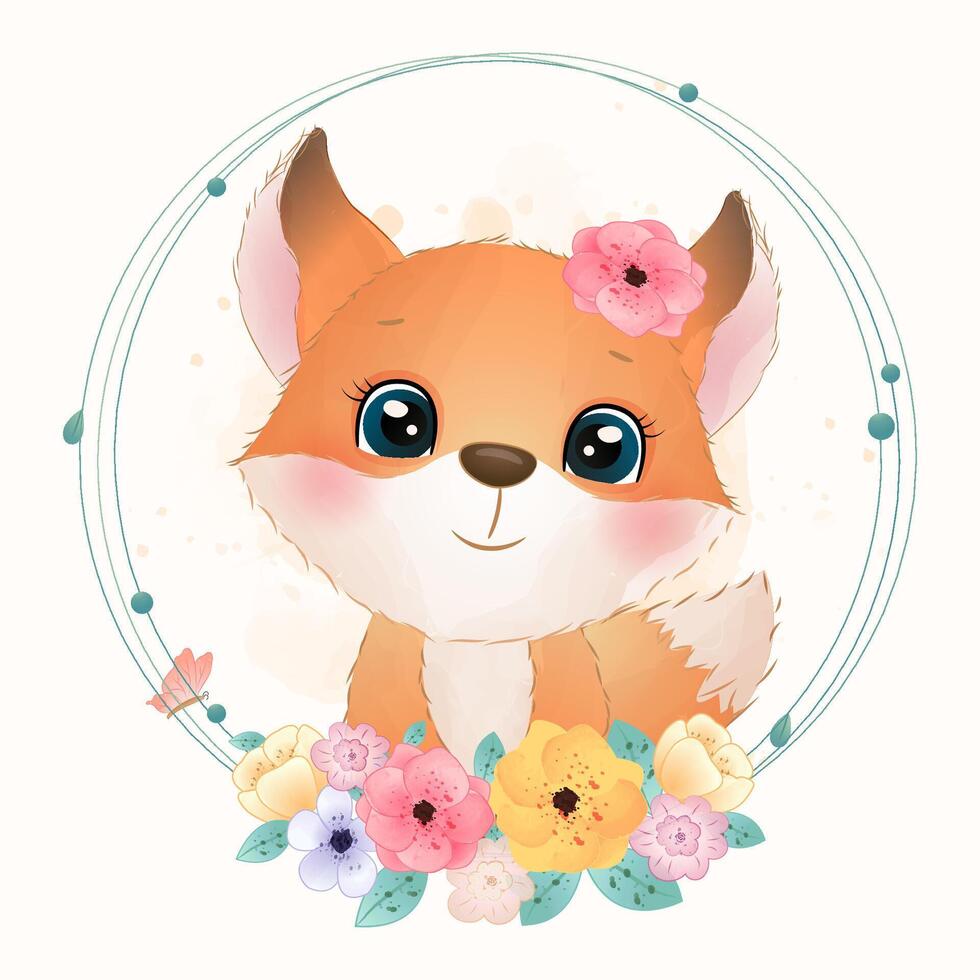 aquarelle ensemble de forêt dessin animé isolé mignonne bébé Renard, lion, ours, lapin, et animal avec fleurs. garderie des bois illustration. bohémien boho dessin pour garderie affiche, modèle vecteur