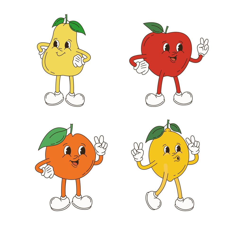 rétro dessin animé personnage fruit ensemble. vecteur marrant illustration avec banane, cerise, citron, fraise, pastèque