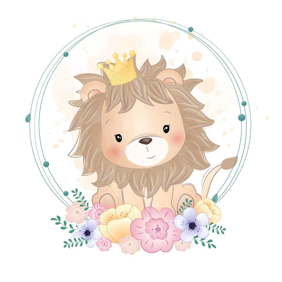 aquarelle ensemble de forêt dessin animé isolé mignonne bébé Renard, lion, ours, lapin, et animal avec fleurs. garderie des bois illustration. bohémien boho dessin pour garderie affiche, modèle vecteur