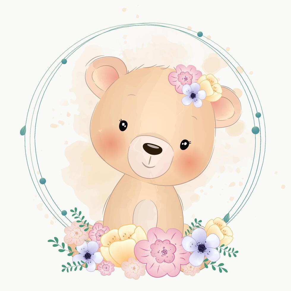 aquarelle ensemble de forêt dessin animé isolé mignonne bébé Renard, lion, ours, lapin, et animal avec fleurs. garderie des bois illustration. bohémien boho dessin pour garderie affiche, modèle vecteur