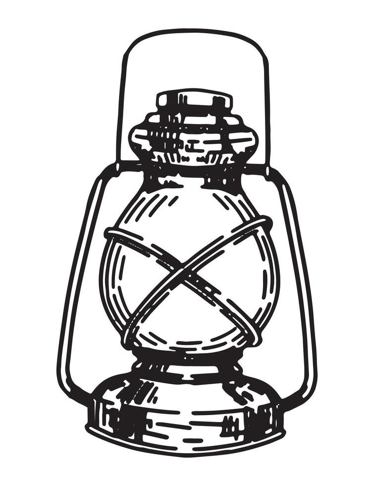 kérosène lanterne esquisser. clipart de portable lampe, camp équipement. main tiré vecteur illustration isolé sur blanche.