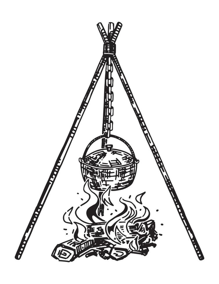 feu de camp esquisser. clipart de chaudron plus de le Feu sur trépied. main tiré vecteur illustration isolé sur blanche.