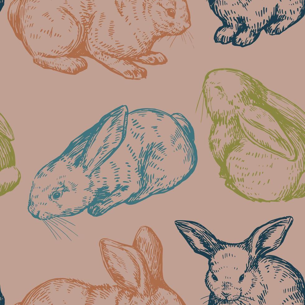 mignonne bébé lapins sans couture modèle. ornement de lapins jolie animaux. vecteur illustration dans rétro gravure style. abstrait conception pour fond d'écran, décor, envelopper, arrière-plan, textile.