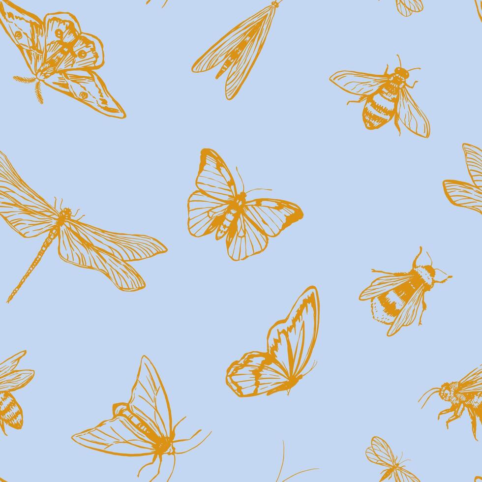 en volant insectes vecteur sans couture modèle. main tiré illustration de insectes, papillons, libellule, papillon, les abeilles. rétro style ornement pour conception arrière-plan, décor, fond d'écran.