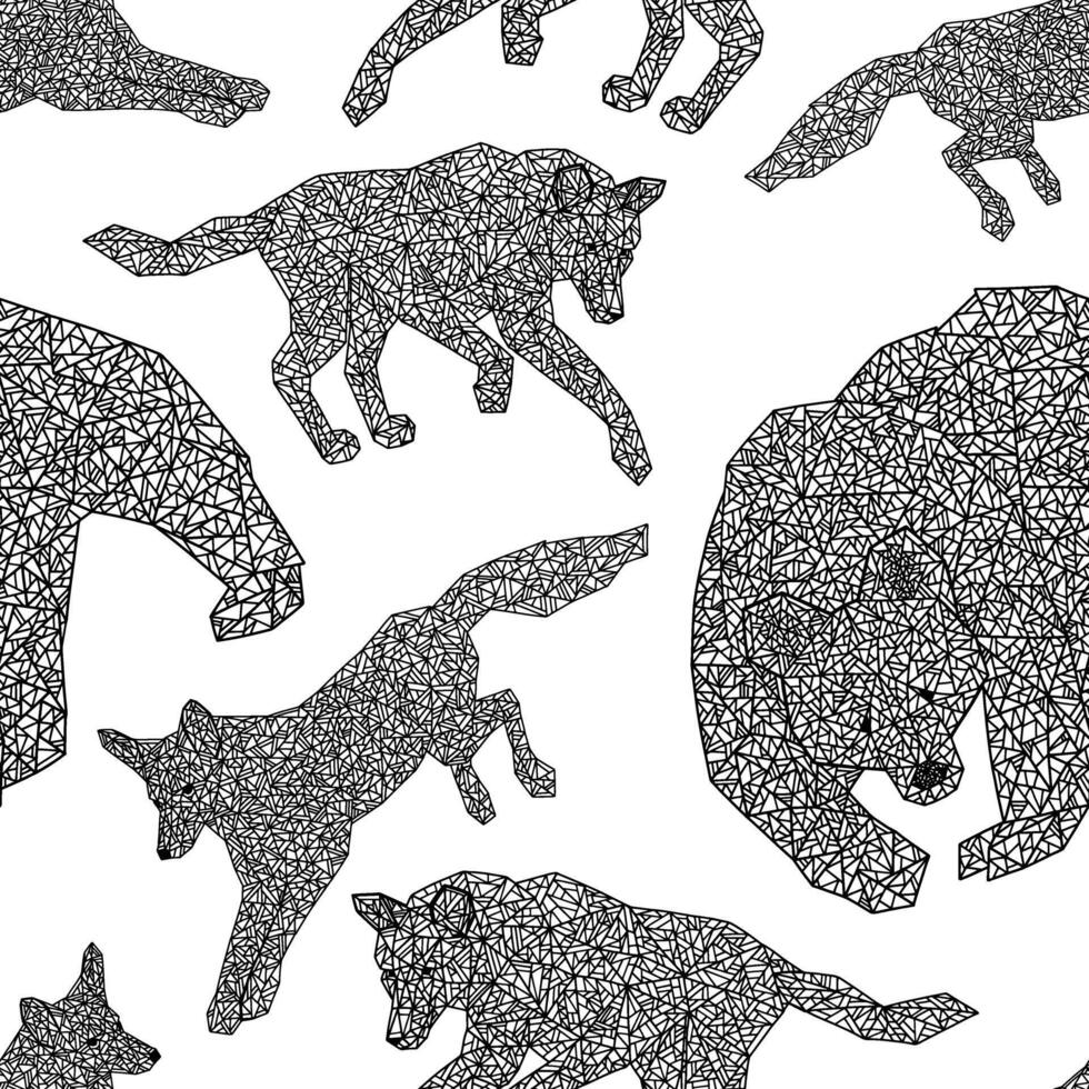 main tiré abstrait vecteur sans couture modèle. Contexte de géométrique sauvage animaux. loup, Renard, ours dans polygonal style. noir contour fond d'écran isolé sur transparent. pour conception imprimer, envelopper, tissu.