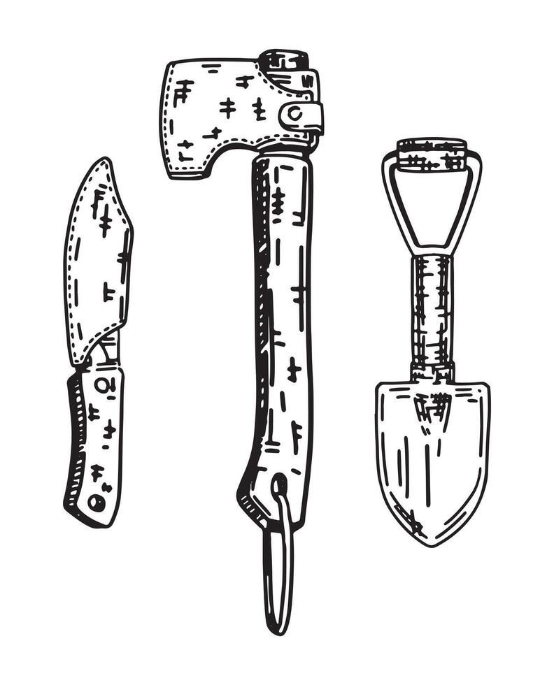 croquis de camping équipement, randonnée outils. ensemble de pelle, couteau, hache. main tiré vecteur des illustrations isolé sur blanche.