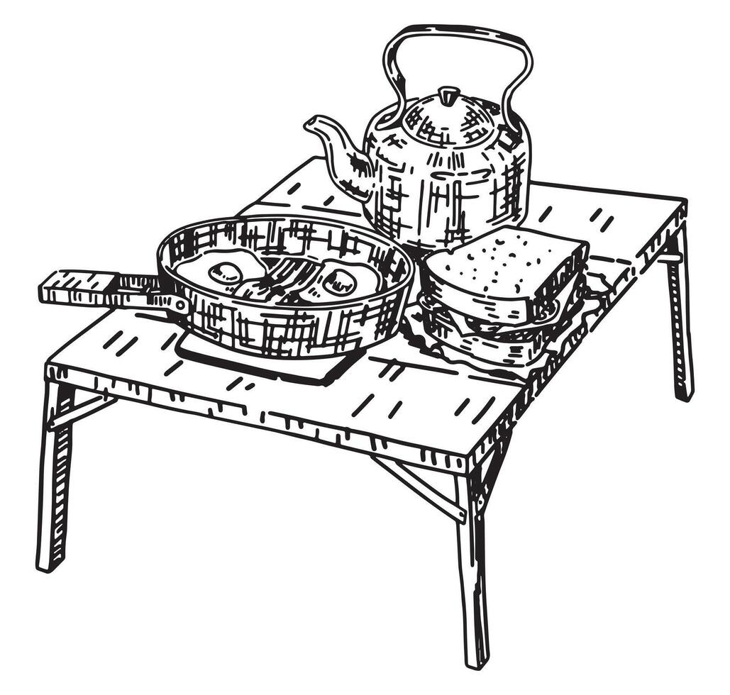 pliant camping table esquisser. clipart de compact pique-nique table avec aliments. main tiré vecteur illustration isolé sur blanche.