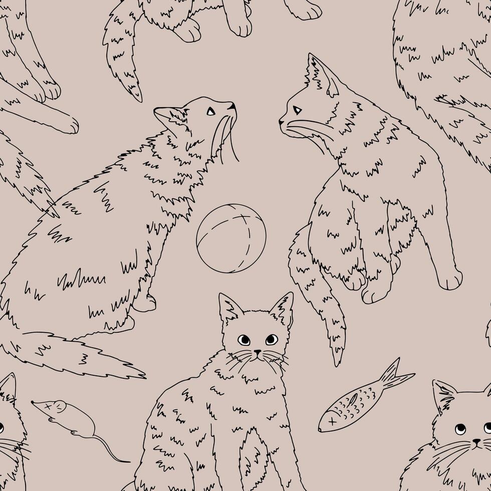 chats animal de compagnie animaux, chatons sans couture modèle. main tiré vecteur illustration. noir contour ornement. conception pour décor, fond d'écran, arrière-plan, textile.