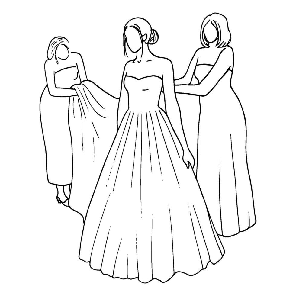 la mariée dans une bustier robe des stands avec sa demoiselles d'honneur qui sont ajustement sa robe et ourlet. main tiré la mariée avant Weddin vecteur